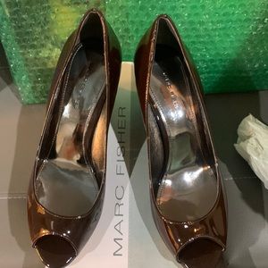 Marc Fisher size 6.5 brown patent with leopard calf hair wedge heel NWOT